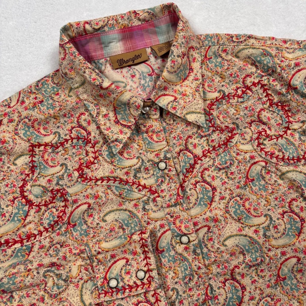 Wrangler Western Shirt Women L Paisley Pearl Snap Embroidered Yoke Rodeo Cowgirl